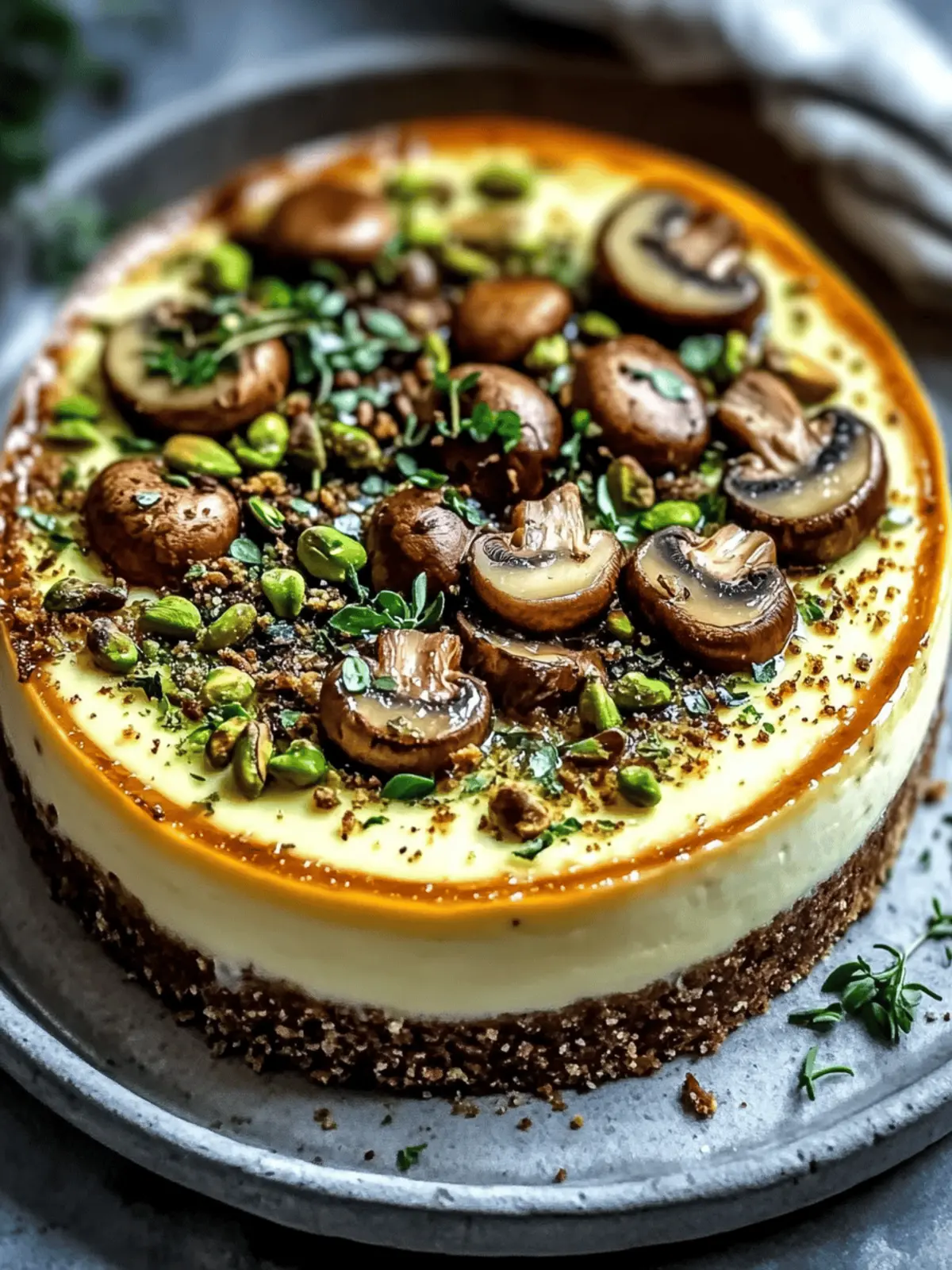 Pistachio and Mushroom Cheesecake with Feta & Parmesan Crust