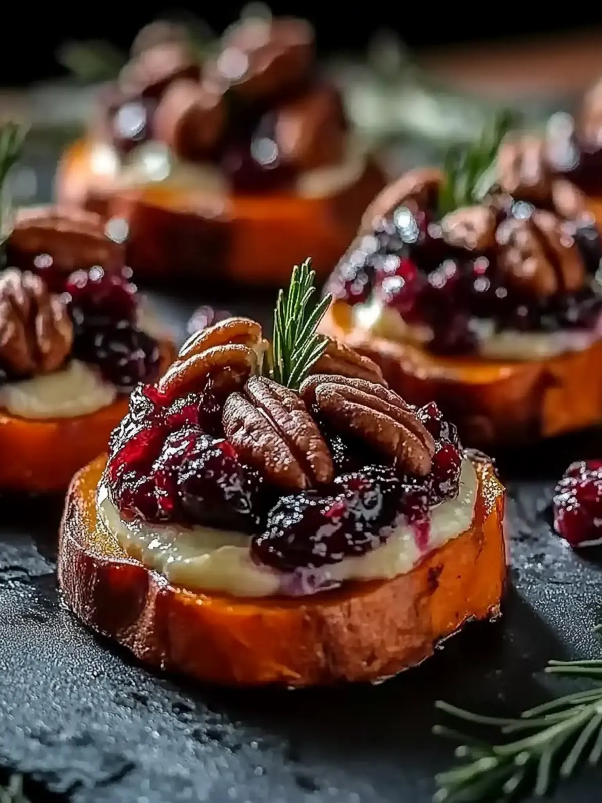 Sweet Potato Rounds with Brie Cranberry and Pecans