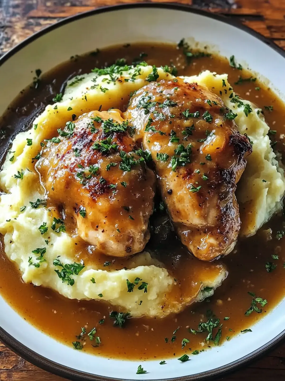 Chicken and Garlic Gravy with Cheesy Mashed Potatoes
