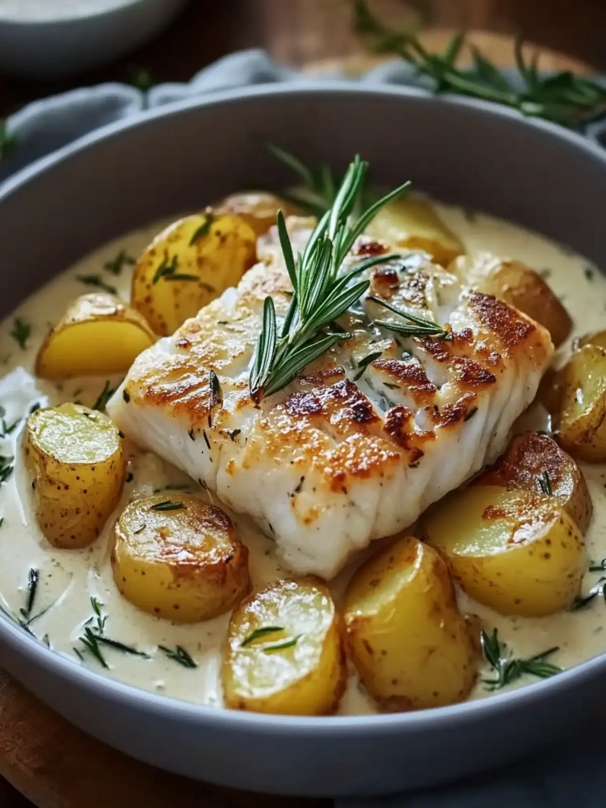 Cod and Potatoes with Rosemary Cream Sauce