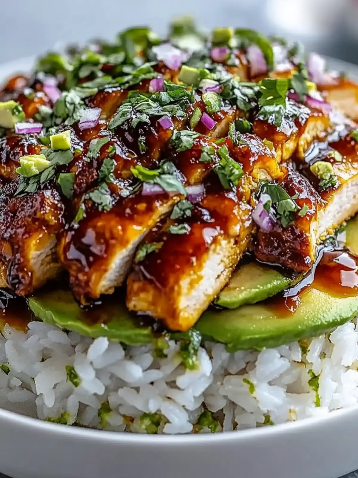 Glazed Honey Lime Chicken with Avocado and Rice Stack Dinner Bowl
