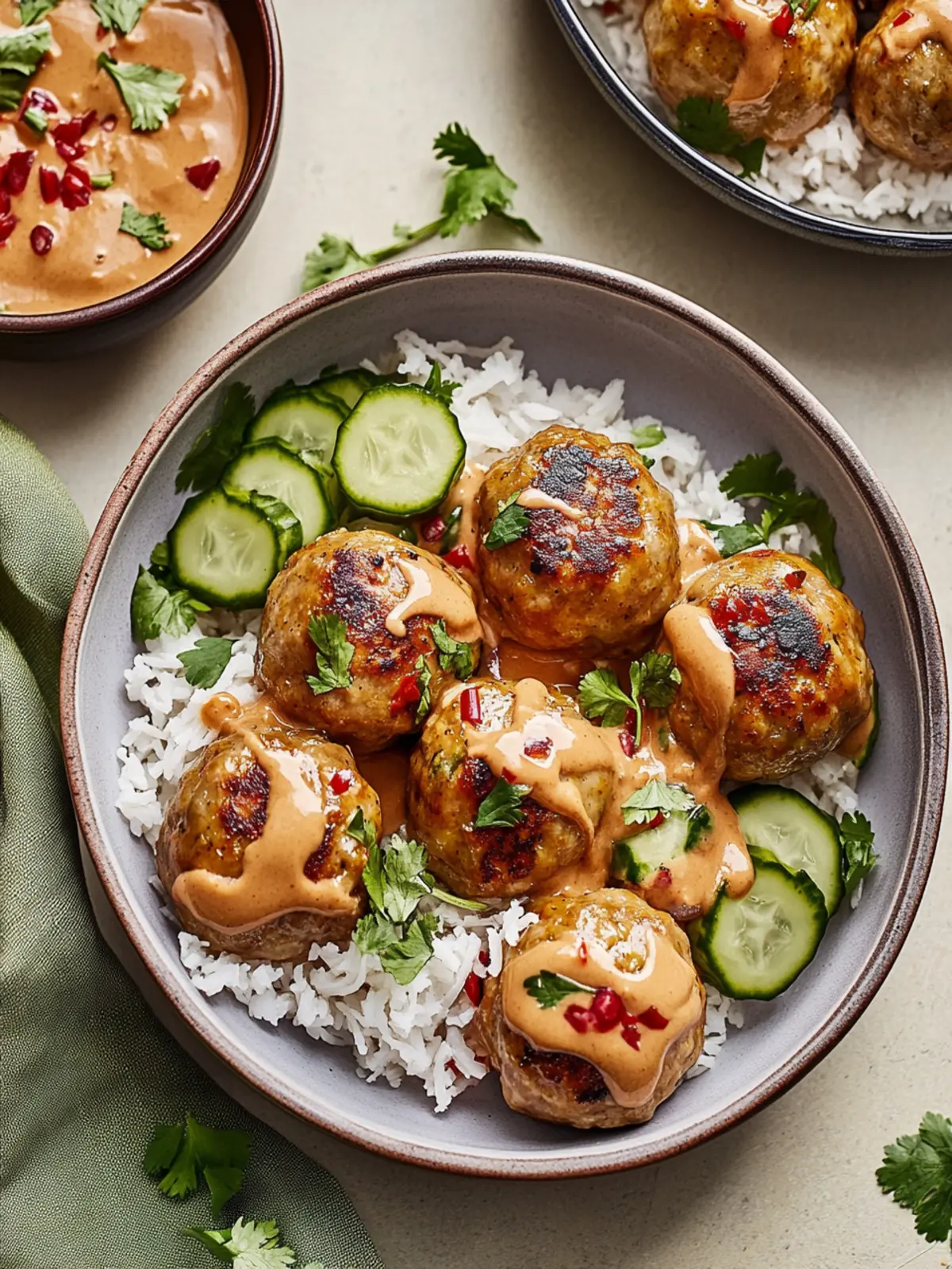 Chicken Dumpling Meatballs With Creamy Peanut Sauce