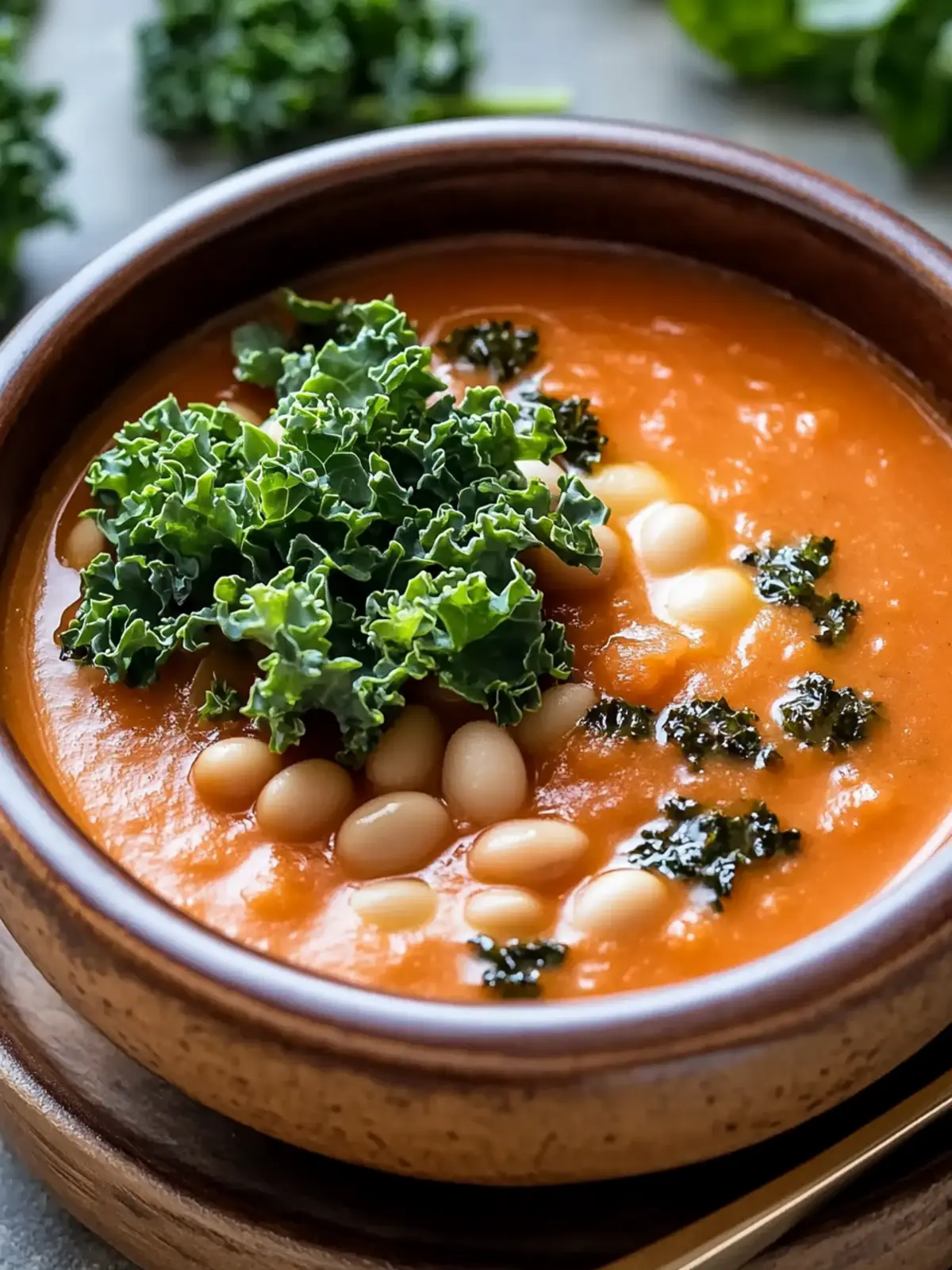 Creamy Tomato and White Bean Soup with Kale Chips