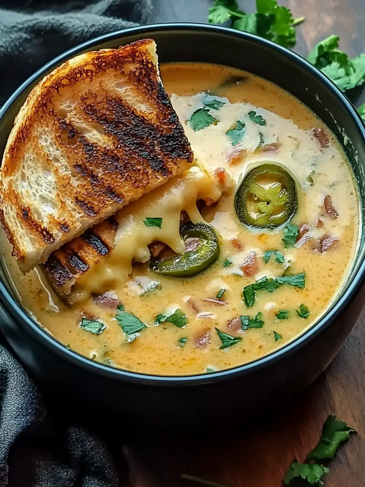 Spicy Jalapeño Popper Soup with Grilled Cheese Dippers
