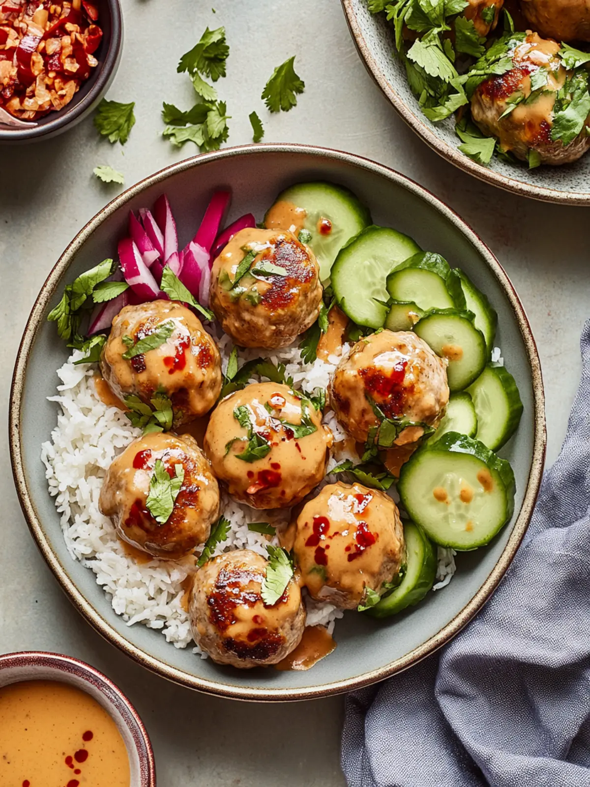 Chicken Dumpling Meatballs With Creamy Peanut Sauce